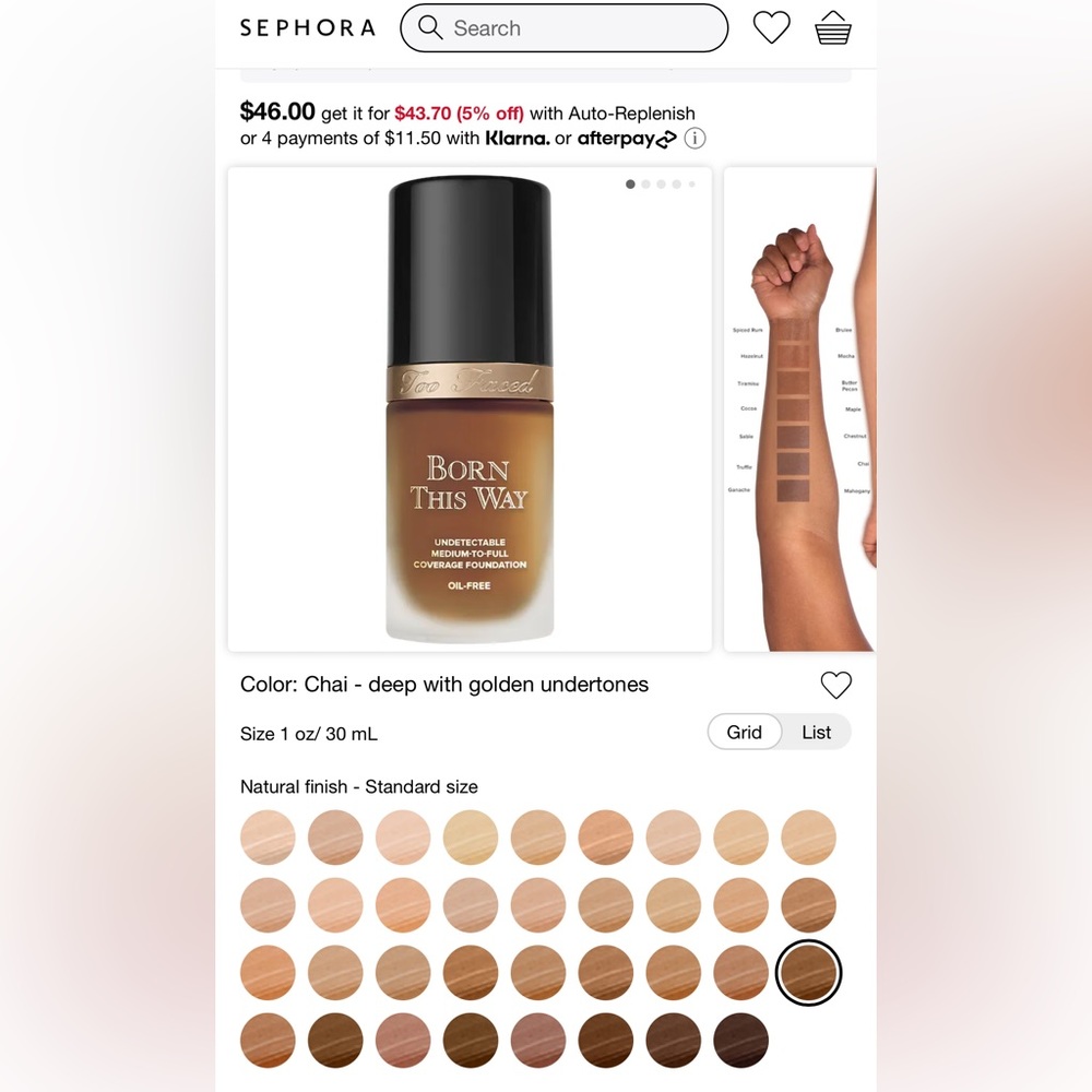 Too Faced Born This Way Natural Finish Longwear Liquid Foundation color: Chai